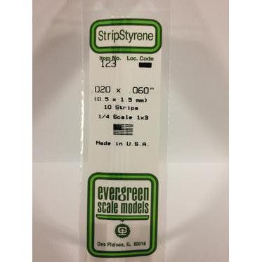 Evergreen #123 Styrene Strips: Dimensional 10 pack 0.020" (0.50mm) x 0.060" (1.5mm) x 14" (35cm)