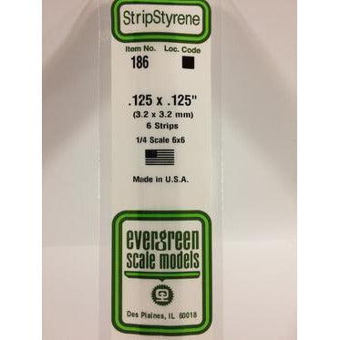 Evergreen #186 Styrene Strips: Dimensional 6 pack 0.125" (3.2mm) x 0.125" (3.2mm) x 14" (35cm)