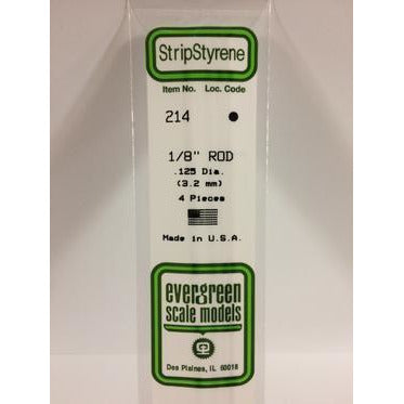 Evergreen #214 Styrene Rods: 1/8" 4 pack 0.125" (3.2mm) OD x 14" (35cm)