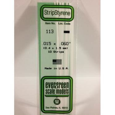 Evergreen #113 Styrene Strips: Dimensional 10 pack 0.015" (0.38mm) x 0.060" (1.5mm) x 14" (35cm)