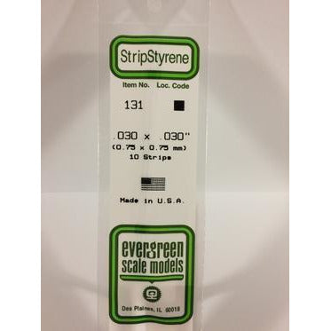 Evergreen #131 Styrene Strips: Dimensional 10 pack 0.030" (0.75mm) x 0.030" (0.75mm) x 14" (35cm)