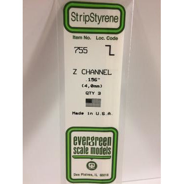 Styrene Shapes: Z Channel #755 3 pack 0.156" (4.0mm) x W: 0.078" (2.0mm) x WT: 0.023" (0.60mm) x FT: 0.023" (0.60mm) by Evergreen
