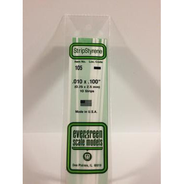 Evergreen #105 Styrene Strips: Dimensional 10 pack 0.010" (0.25mm) x 0.100" (2.5mm) x 14" (35cm)