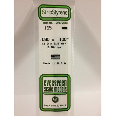 Evergreen #165 Styrene Strips: Dimensional 9 pack 0.080" (2.0mm) x 0.100" (2.5mm) x 14" (35cm)