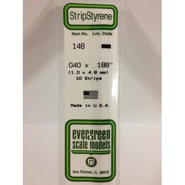 Evergreen #148 Styrene Strips: Dimensional 10 pack 0.040" (1.0mm) x 0.188" (4.8mm) x 14" (35cm)