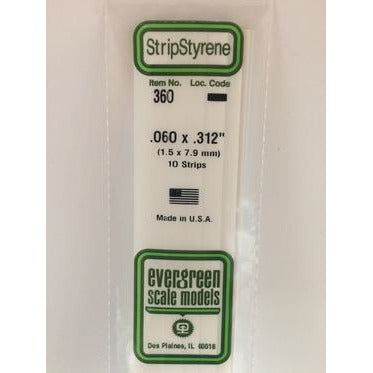 Evergreen #360 Styrene Strips: Dimensional 10 pack 0.060" (1.5mm) x 0.312" (7.9mm) x 24" (60cm)