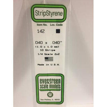 Evergreen #142 Styrene Strips: Dimensional 10 pack 0.040" (1.0mm) x 0.040" (1.0mm) x 14" (35cm)