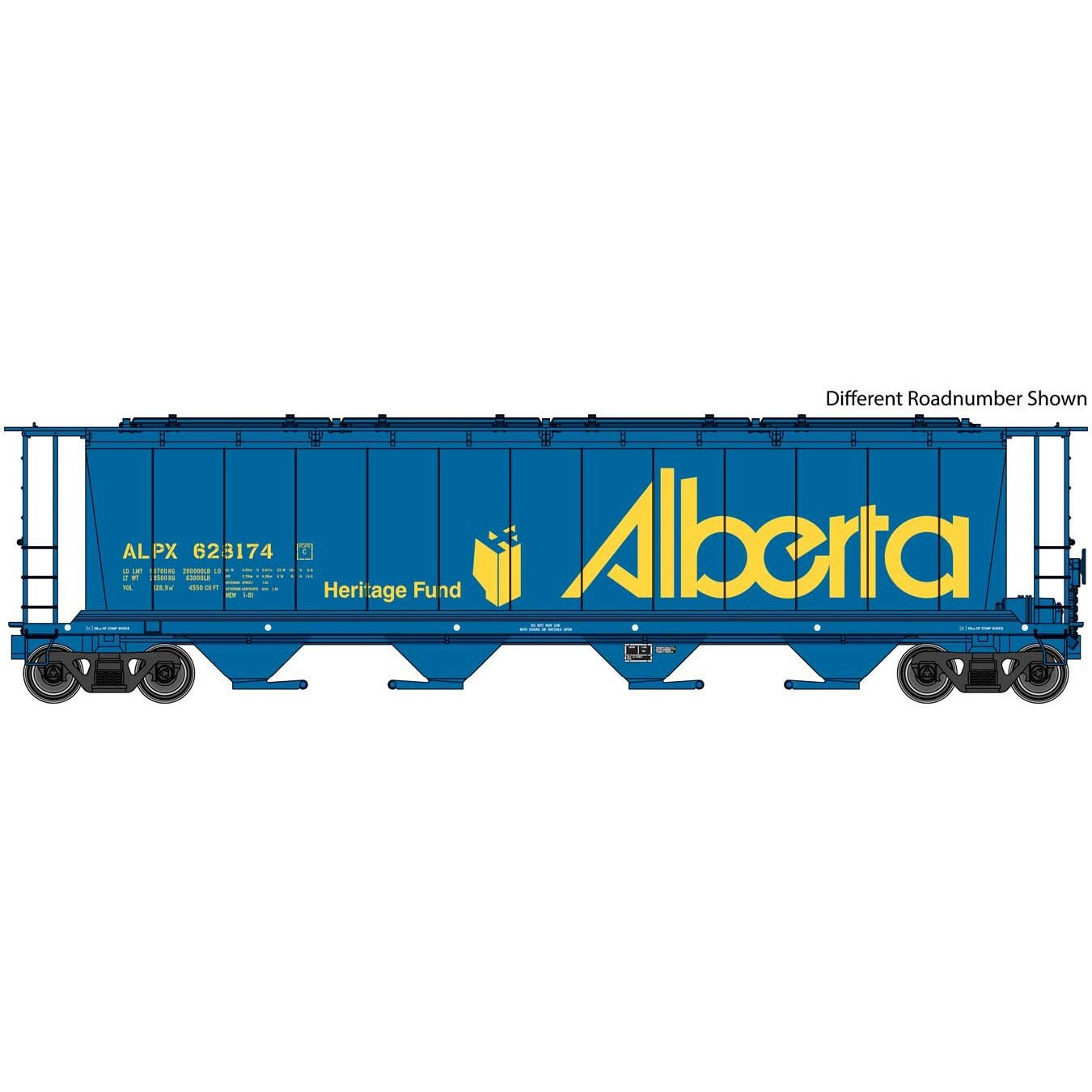 59' Cylindrical Hopper - Ready to Run -- Alberta ALPX #628267 (blue, yellow; Heritage Fund Logo, Large Name)