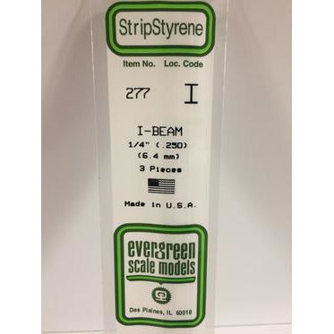 Evergreen #277 Styrene Shapes: I-Beam 1/4" 3 pack 0.250" (6.3mm) x W: 0.113" (2.9mm) x FT: 0.016" (0.41mm) x WT: 0.025" (0.64mm)