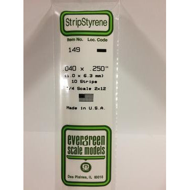 Evergreen #149 Styrene Strips: Dimensional 10 pack 0.040" (1.0mm) x 0250" (6.3mm) x 14" (35cm)