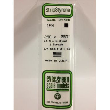 Evergreen #199 Styrene Strips: Dimensional 3 pack 0.250" (6.3mm) x 0.250" (6.3mm) x 14" (35cm)