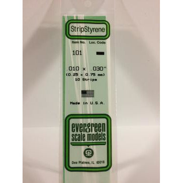 Evergreen #101 Styrene Strips: Dimensional 10 pack 0.010" (0.25mm) x 0.030" (0.75mm) x 14" (35cm)