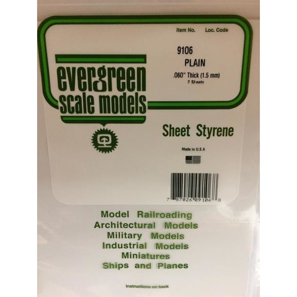 Evergreen #9106 Styrene Sheets: White 2 pack 0.060" (1.5mm) x 8" x 21"