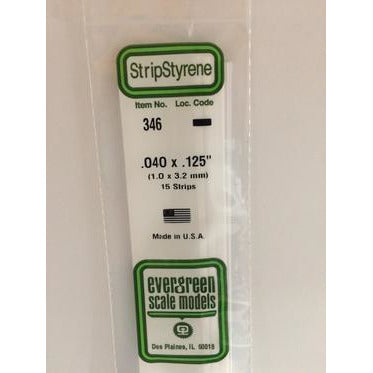 Evergreen #346 Styrene Strips: Dimensional 15 pack 0.040" (1.0mm) x 0.125" (3.2mm) X 24" (60cm)