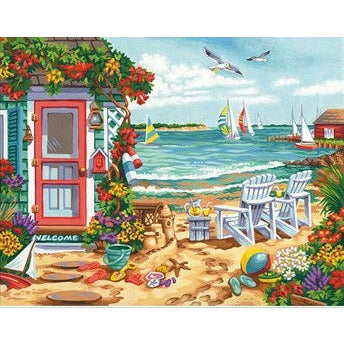 Dimensions Paint by Numbers Summertime Inlet (Beach, Chairs, House, Sailboats) (14"x11")