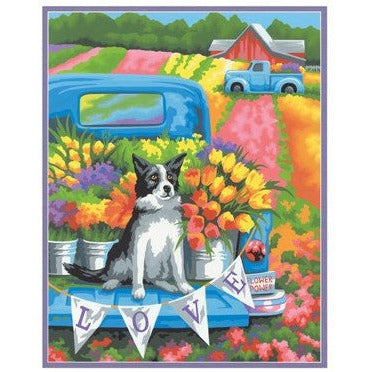 Dimensions Paint by Numbers Flower Power Dog in Back of Pickup Truck w/Spring Flowers (11"x14")
