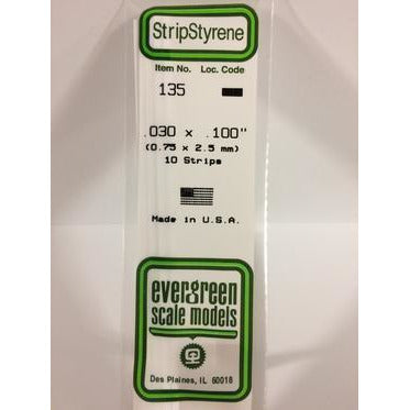 Styrene Strips: Dimensional #135 10 pack 0.030" (0.75mm) x 0.100" (2.5mm) x 14" (35cm) by Evergreen