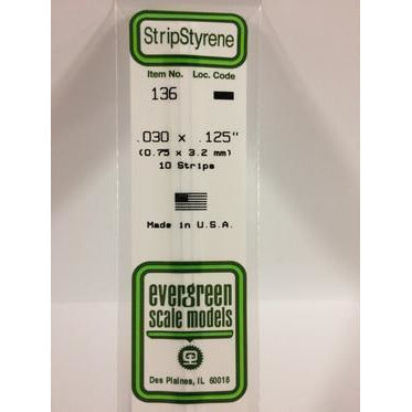 Evergreen #136 Styrene Strips: Dimensional 10 pack 0.030" (0.75mm) x 0.125" (3.2mm) x 14" (35cm)