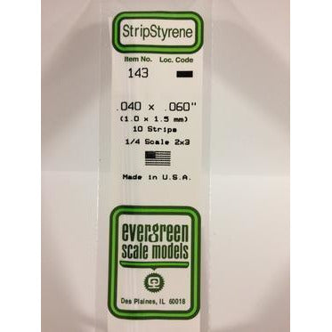 Evergreen #143 Styrene Strips: Dimensional 10 pack 0.040" (1.0mm) x 0.060" (1.5mm) x 14" (35cm)