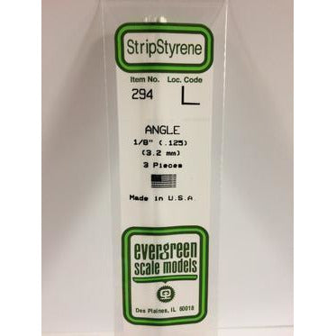 Evergreen #294 Styrene Shapes: Angle 3 pack 1/8", 0.125" (3.2mm) x 0.125" (3.2mm) x 0.020" (0.50mm) Thick