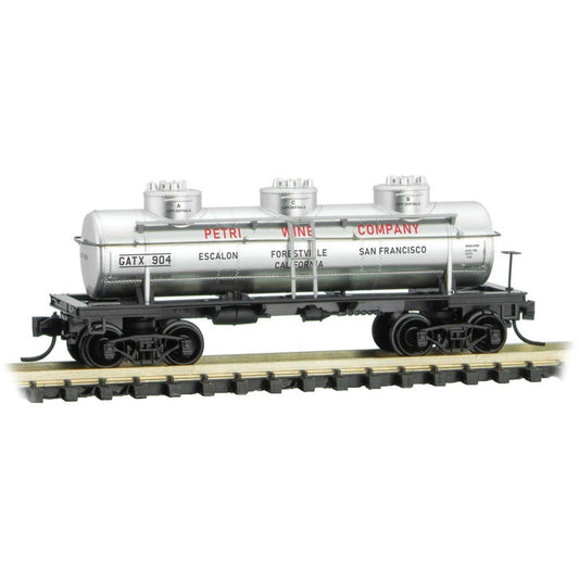 3-Dome Tank Car - Ready to Run -- Petri Wine Co. GATX 904 Grape to Glass Series 8 - Silver