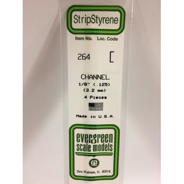 Evergreen #264 Styrene Shapes: Channel 4 pack 0.125" (3.2mm) x W: 0.046" (1.2mm) x FT: 0.012" (0.30mm) x WT: 0.020" (0.51mm)