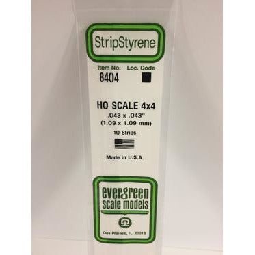 Evergreen #8404 Styrene Strips: HO 4x4 10 pack 0.043" (1.09mm) x 0.043" (1.09m) x 14" (35cm)