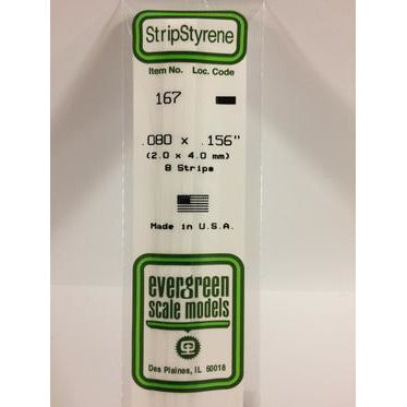 Evergreen #167 Styrene Strips: Dimensional 8 pack 0.080" (2.0mm) x 0.156" (4.0mm) x 14" (35cm)