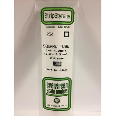 Evergreen #254 Styrene Tubes: Square 1/4" 2 pack 0.250" (6.3mm) x 14" (35cm)