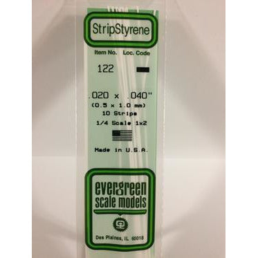Evergreen #122 Styrene Strips: Dimensional 10 pack 0.020" (0.50mm) x 0.040" (1.0mm) x 14" (35cm)