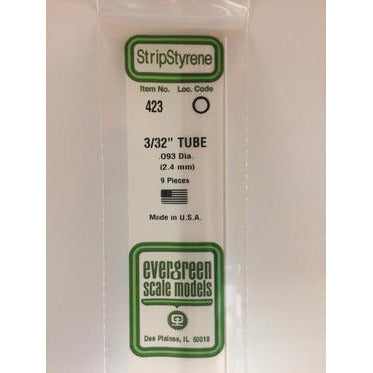 Evergreen #423 Styrene Tubes: Round 3/32" 9 pack 0.093" (2.4mm) OD x 24" (60cm)