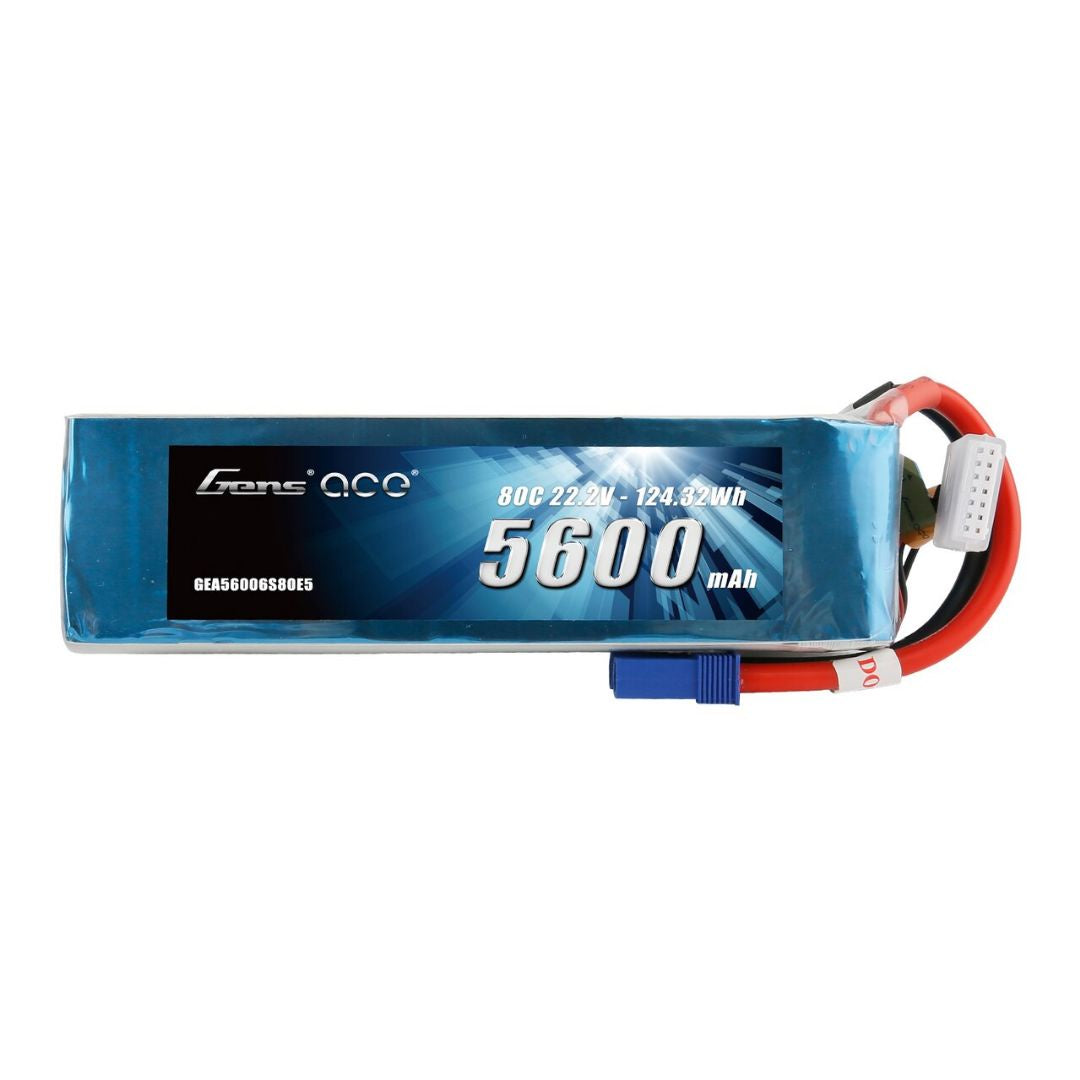 Gens Ace LiPo Battery 80C 5600mAh 22.2V 6S1P EC5 Soft Case - GEA6S560080E5