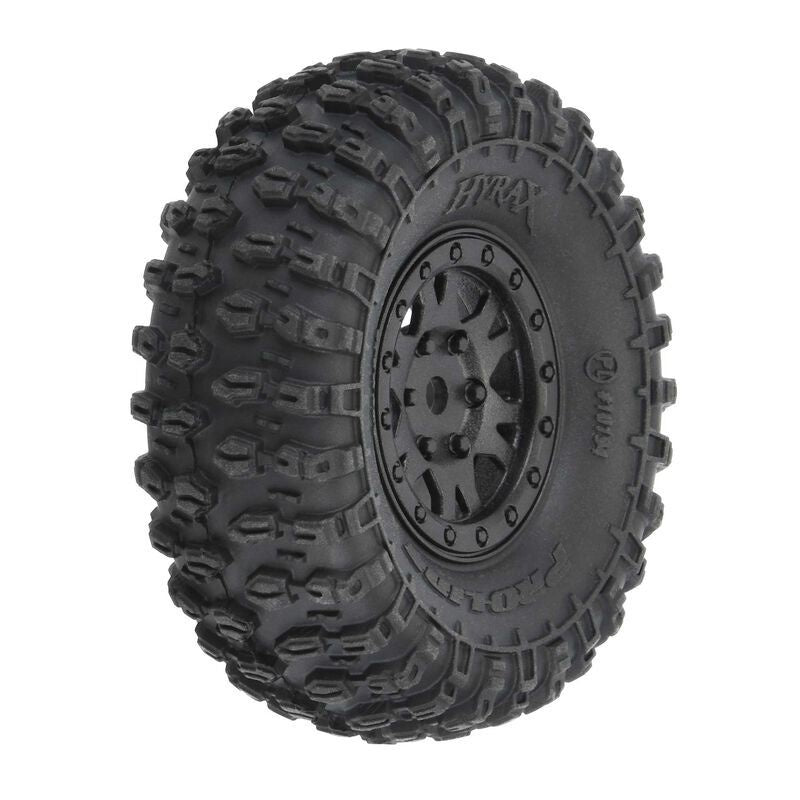 Pro-Line Hyrax 1.0" Tires Mounted on Mini Impulse Black Internal Bead-Loc 7mm Hex Wheels (4) for SCX24 Front or Rear PRO10194-10
