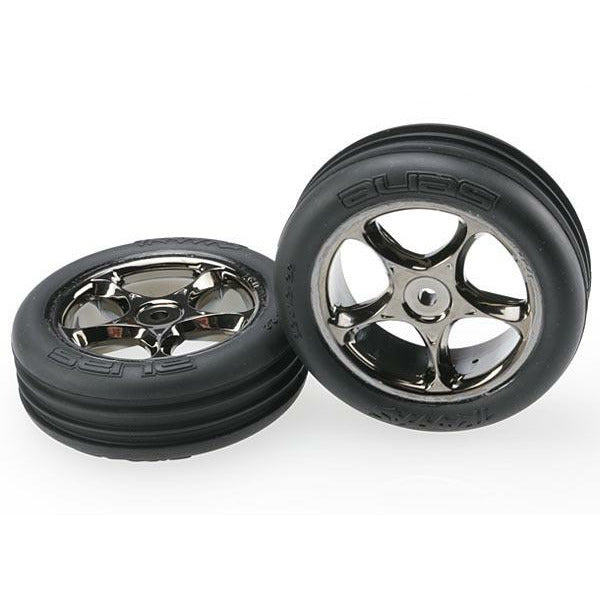 Traxxas Tires & wheels, assembled (Tracer 2.2" black chrome wheels, Alias ribbed 2.2" tires) (2) (Bandit front, medium compound TRA2471A
