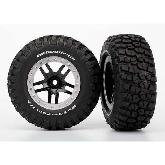 Traxxas Tires & wheels, assembled, glued (SCT Split-Spoke, black, satin chrome beadlock wheels, BFGoodrich Mud-Terrain T/A KM2 tire, foam inserts )4WD front/rear, 2WD rear)