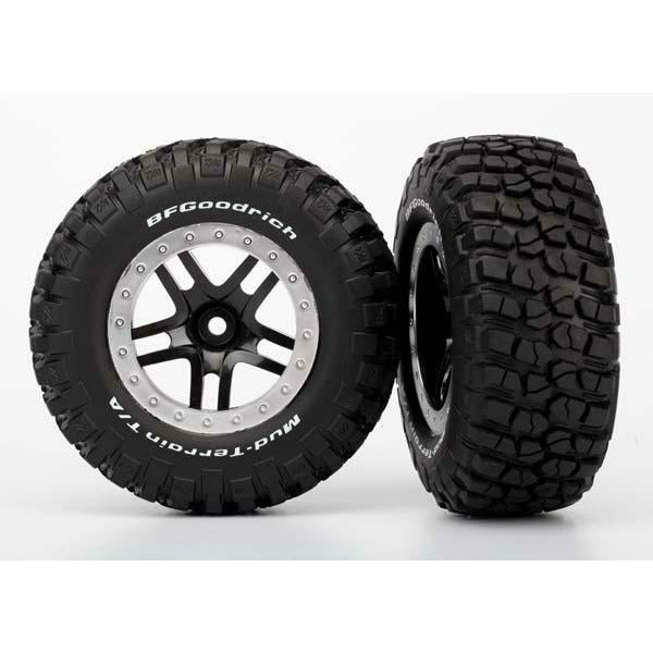 Traxxas Tires & wheels, assembled, glued (SCT Split-Spoke, black, satin chrome beadlock wheels, BFGoodrich Mud-Terrain T/A KM2 tire, foam inserts )4WD front/rear, 2WD rear)