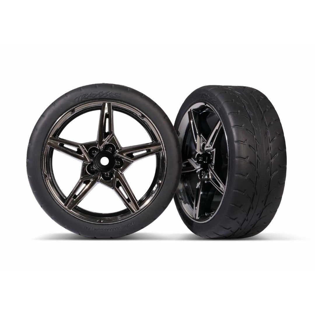 Traxxas Tires and wheels, assembled, glued (split-spoke black chrome wheels, 1.9" Response tires) (front) (2) TRA9370